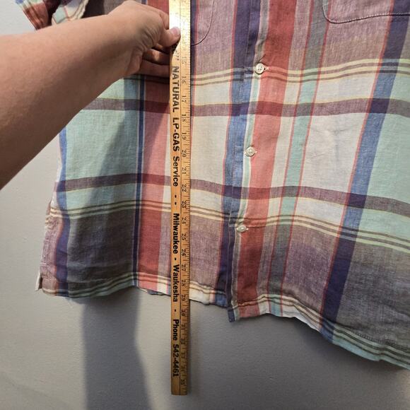 J Crew Baird McNutt Irish Linen Plaid Camp Shirt Men XL Loop Collar Short Sleeve - Picture 10 of 12